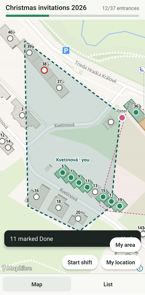 Campaign map with green dots on finished entrances